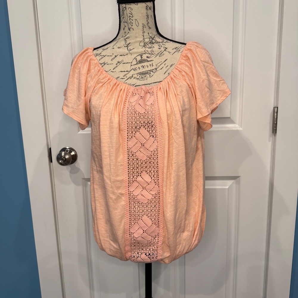 Kenar Peach Slub Cotton Crochet Lace Bubble Hem Top Size Small